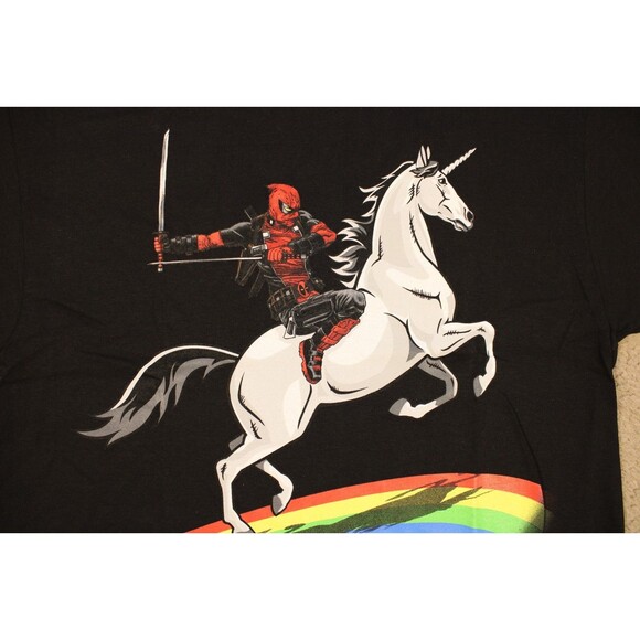Marvel Deadpool Riding Unicorn Rainbow Graphic Tee (M) Black Cotton Licensed - Picture 2 of 5